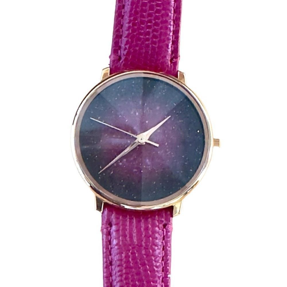 FOSSIL Prismatic Galaxy Three Hand Fuchsia Leather Band Raised Crystal Analog Wa - Picture 4 of 10